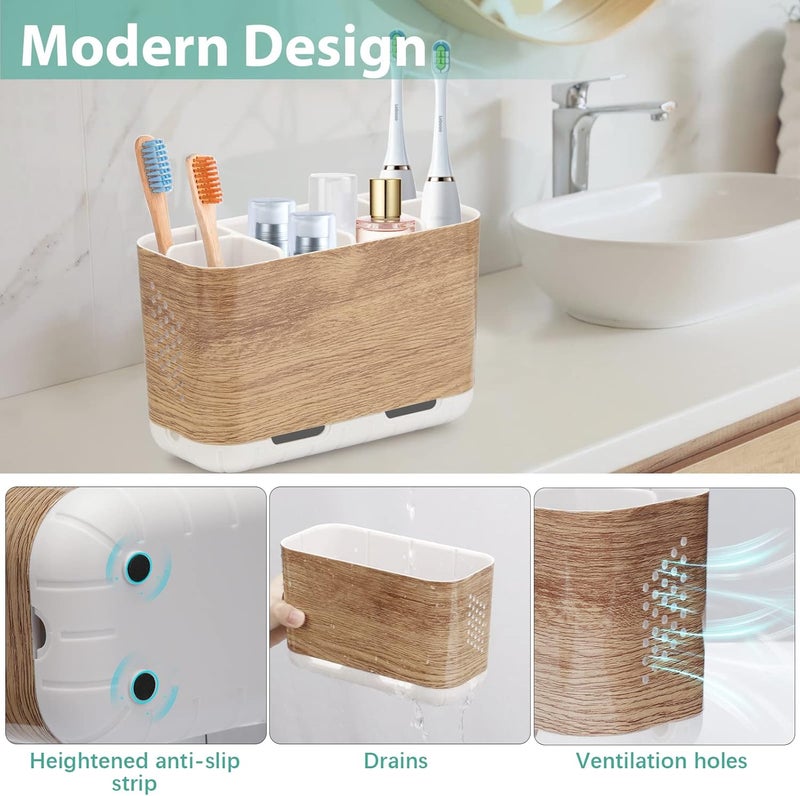 Boperzi Toothbrush and Toothpaste Holder Wood Grain for Bathroom Countertop with Adjustable Dividers, Toothpaste Caddy Organizer Storage Rustic Decor Set Freestanding Anti-Slip for Shower,Family,Kids - Image 2